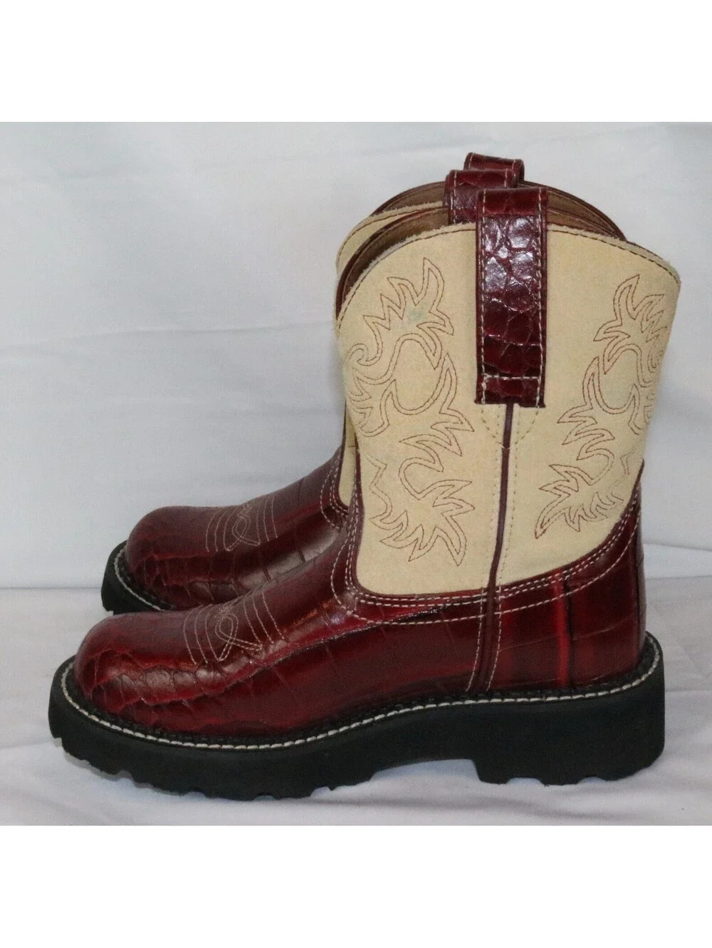 Ariat Fatbaby 14709 Women Red Croc Embossed Leather Western Boots 5.5B Tan Suede